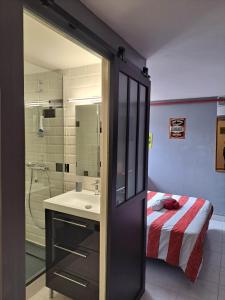 a bathroom with a bed and a sink and a shower at Appartement au calme proche d'un petit bois dans quimper in Quimper