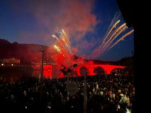 una multitud de personas viendo un espectáculo de fuego con fuegos artificiales en Old Bridge View Apartment, en Heidelberg