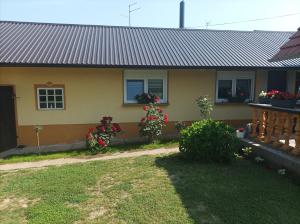 une maison jaune avec des fleurs dans les fenêtres dans l'établissement Dobrodošli, à Mursko Središće