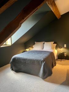 オービュッソンにあるHôtel Le Franceのベッドルーム1室(屋根裏部屋に大型ベッド1台付)