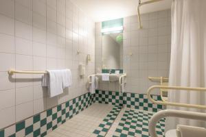 a bathroom with a green and white checkered floor at Dresdner Tor Süd in Wilsdruff
