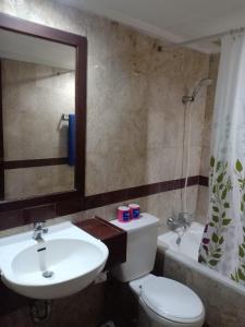 uma casa de banho com um lavatório, um WC e um espelho. em Kun's Stay Private Apartments em Seminyak