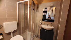 een badkamer met een douche, een toilet en een wastafel bij Saint Martin's House in Vigevano
