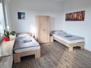 1 dormitorio con 2 camas y suelo de madera en Fully equipped Cozy Apartment en Hanau am Main