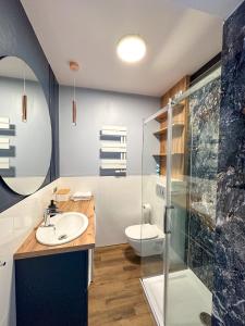 a bathroom with a sink and a shower and a toilet at DMK Blue Apartment near Warsaw-Modlin Airport in Nowy Dwór Mazowiecki