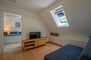 TV a/nebo společenská místnost v ubytování Ty Chaumière - Charmante Petite Chaumière en pierre avec jardin