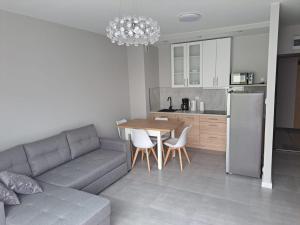 a living room with a couch and a table and a kitchen at Apartamenty Przystań Giżycko in Giżycko