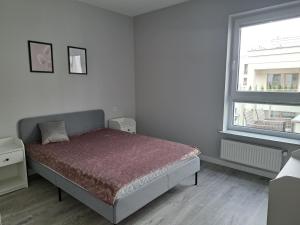 a bedroom with a bed and a window at Apartamenty Przystań Giżycko in Giżycko