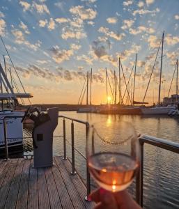 a person holding a glass of wine on a dock at Hausboot Luv in Flensburg