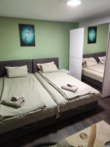 um quarto com 2 camas e toalhas em Snezana home em Vranje