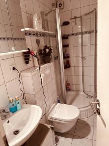 een badkamer met een toilet, een wastafel en een douche bij 4 Zimmer 11 Personen Wohnung Garten Terrasse Grill 2 Badezimmer in Wuppertal