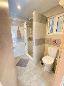 a small bathroom with a toilet and a shower at ΑΝΩΙ-Anoi rhodes in Rhodes Town