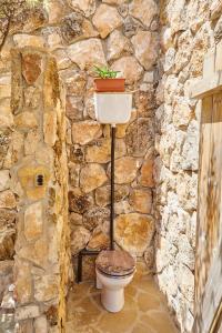 Baño de piedra con aseo en una pared de piedra en Precioso aprtamento en Rocas Doradas frente al mar, en L'Ametlla de Mar