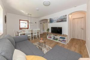 a living room with a gray couch and a tv at Apartments Ribnica in Bohinj