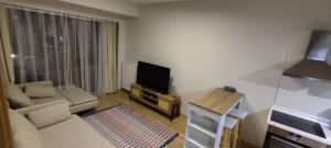 Una sala de estar con un sofá y un televisor de pantalla plana. en tips for istanbul, en Estambul
