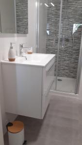 ein weißes Bad mit einem Waschbecken und einer Dusche in der Unterkunft Petite maison ensoleillée à 10 minutes du port de Vannes in Vannes
