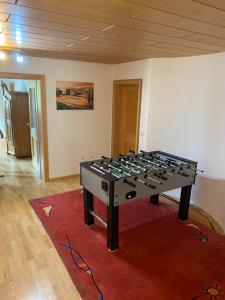 une table de ping-pong dans une pièce avec un tapis rouge dans l'établissement Nabo Ferienwohnung Lechbruck, à Lechbruck am See