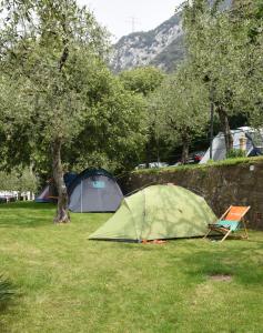 two tents and a chair in a field with trees at Camping Alpino - Nature Village in Malcesine