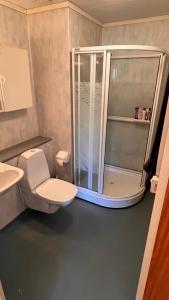 a small bathroom with a toilet and a shower at Ellös Holiday apartment in Ellös