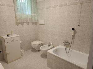 y baño con aseo, bañera y lavamanos. en Casa Vacanze Lavanda & Rosmarino, en Telve