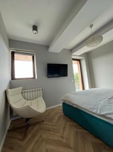 a bedroom with a bed and a chair in it at Snagov Lake Sonnio Properties in Turbaţi