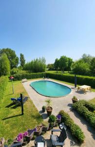a swimming pool in a yard with chairs and plants at Vakantiehuis 't Hertenkamp in Ouddorp