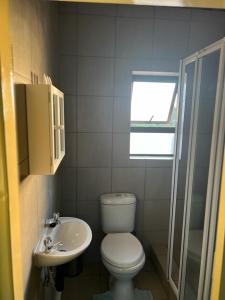 a small bathroom with a toilet and a sink at Tintswalo Elegant Apartments in Giyani