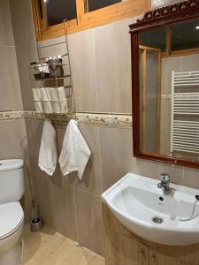 La salle de bains est pourvue d'un lavabo, de toilettes et d'un miroir. dans l'établissement HOSTER EGYPT VERONA, à Tomelloso