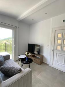a living room with a couch and a television at Aristidis Garden in Parga