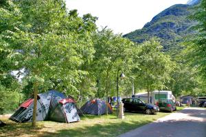 a group of tents parked in a field with trees at Camping Alpino - Nature Village in Malcesine +68 photos