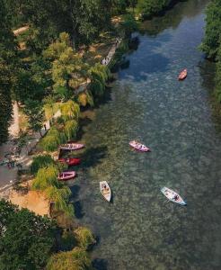 una vista aérea de los barcos en un río en Lake Harmony Haven, en Tushemisht