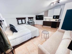 Nido Baeza Suites في بايزا: غرفة نوم كبيرة مع سرير وأريكة