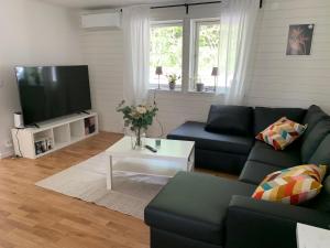 a living room with a couch and a tv at Großzuegiges Haus im Wald in Immeln