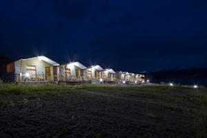 Una fila de casas en un campo por la noche en Pangong Retreat Camp en Spangmik