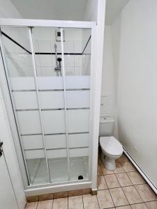 a shower stall in a bathroom with a toilet at La vie en bleu - Studio proche de Paris in Charenton-le-Pont