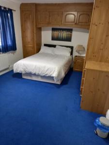 a bedroom with a bed and a blue carpet at Sandra in Streatham Vale