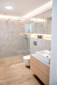 uma casa de banho com um chuveiro, um WC e um lavatório. em Pinea Apartament 304 Apartament przy plaży em Pobierowo