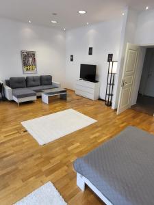 a living room with a couch and a flat screen tv at Apartment Pette C40 in Berlin