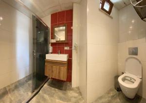 een badkamer met een toilet, een wastafel en een douche bij DVHOTEL in Istanbul
