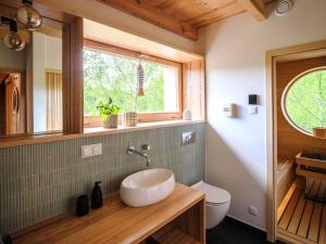 baño con lavabo y aseo y ventana en Bird Lodge am See mit Sauna für 6 Gäste, en Brzozie
