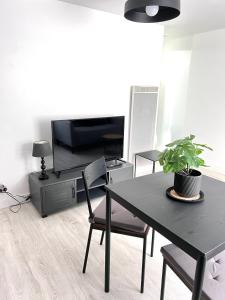 a living room with a table and a tv at Le gargantua, appartement à 500m du château in Chinon