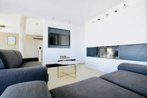 uma sala de estar com dois sofás e uma televisão em Le Palais des Vignes em Estézargues