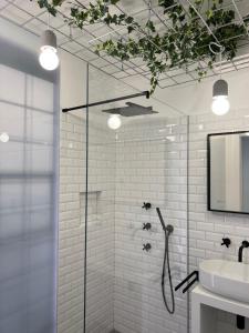 ein Bad mit einer Dusche und einem Waschbecken in der Unterkunft Garden Inn - Riva del Garda in Riva del Garda