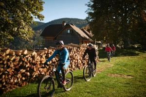 a group of people riding bikes next to a pile of wood at Lake Peak Apartments, Ribniško Pohorje in Ribnica na Pohorju