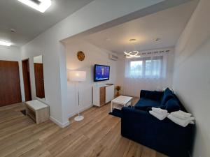 a living room with a blue couch and a tv at TAWERNA Chańcza in Chańcza