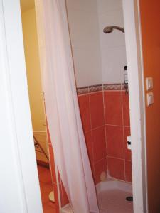 La salle de bains est pourvue d'une douche et de carrelage rouge. dans l'établissement Casa bianca, 