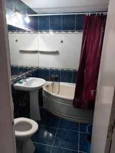 a bathroom with a sink and a tub and a toilet at Apartament in Cluj-Napoca