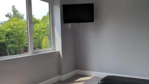 a living room with a tv and two windows at Valley Stream Guest Accommodation in Moira