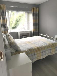 ein Schlafzimmer mit einem Bett mit einer karierten Decke und einem Fenster in der Unterkunft Valley Stream Guest Accommodation in Moira