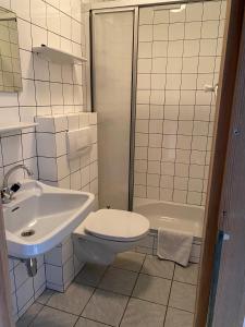 ein Bad mit einem Waschbecken, einem WC und einer Dusche in der Unterkunft Bauernhof Plachl in Lassing